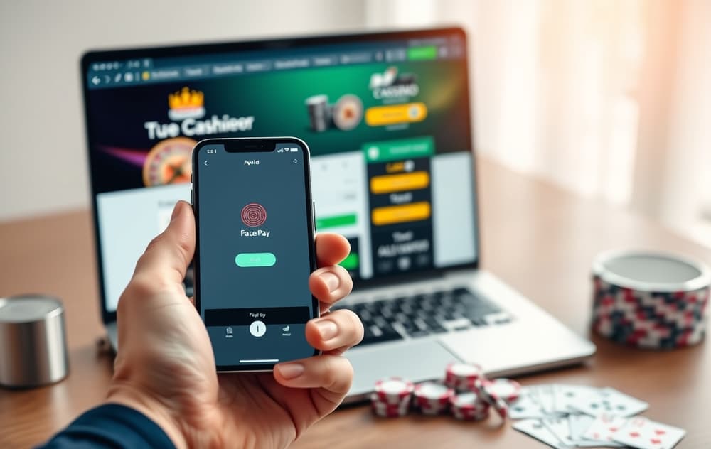 Person som bruker Apple Pay med Face ID på iPhone foran en laptop med casino-kasse