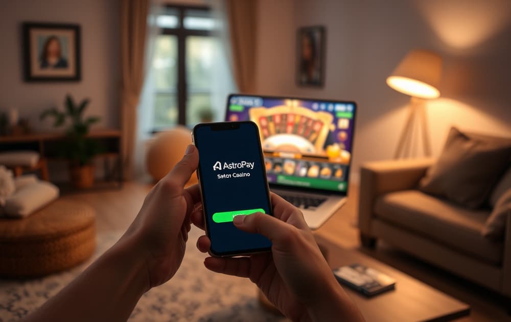 Person med mobiltelefon som viser AstroPay-appen, med laptop og casino i bakgrunnen.