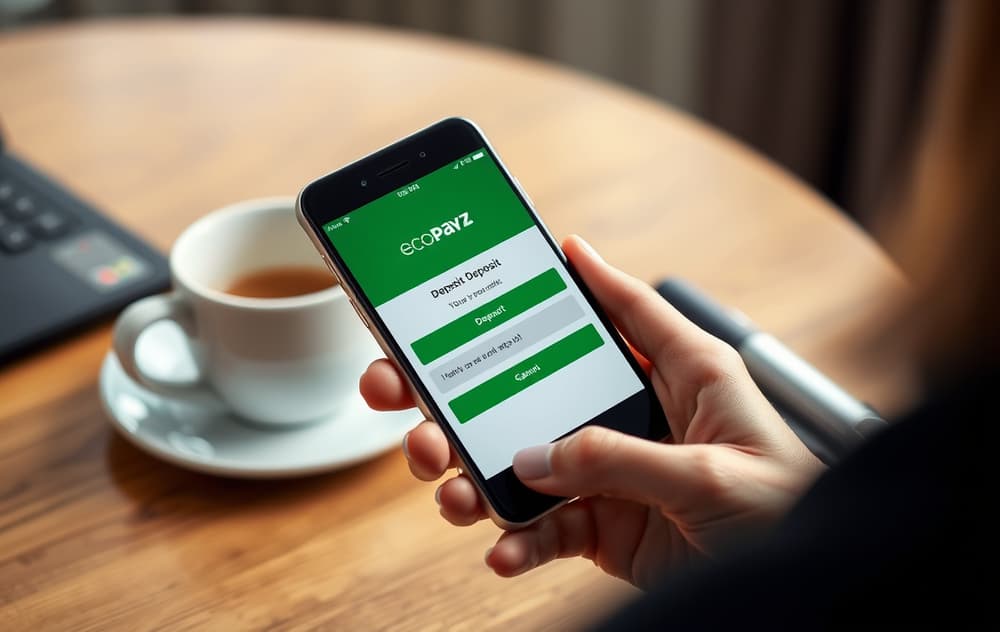 Person som bruker Ecopayz-appen på mobilen for å sette inn penger på et nettcasino.