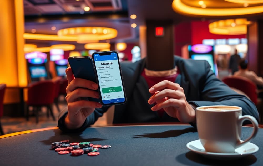 Person med mobiltelefon og Klarna-betaling på casino
