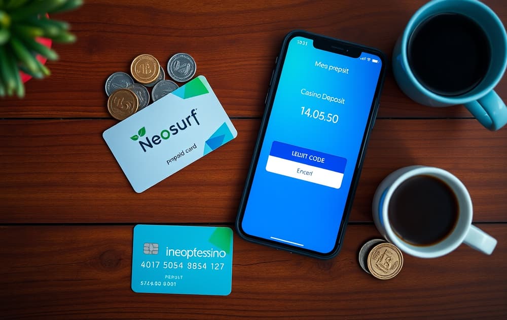 Neosurf-kort og mobil med casinoinnskudd på trebord