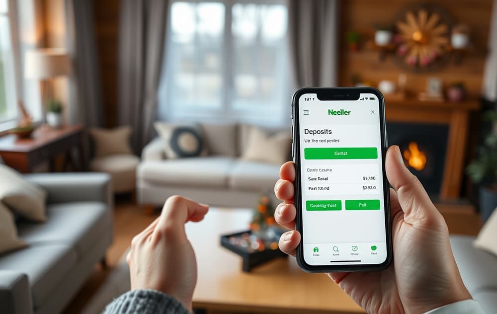 Mobil med Neteller-app og casino-innskudd i en norsk stue.
