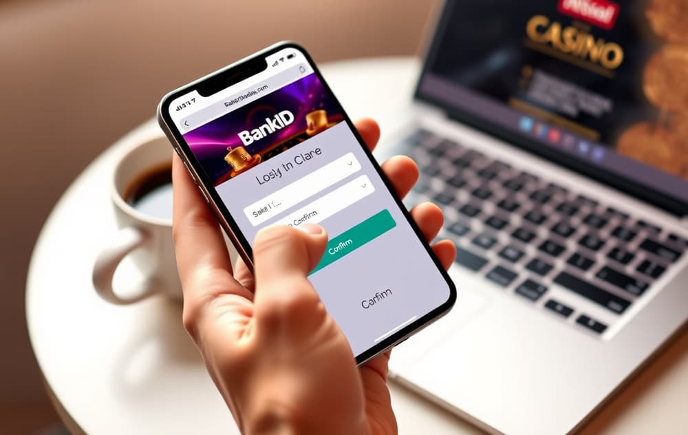 Person som bruker mobilen til å bekrefte innskudd med Pay n Play på et nettcasino.
