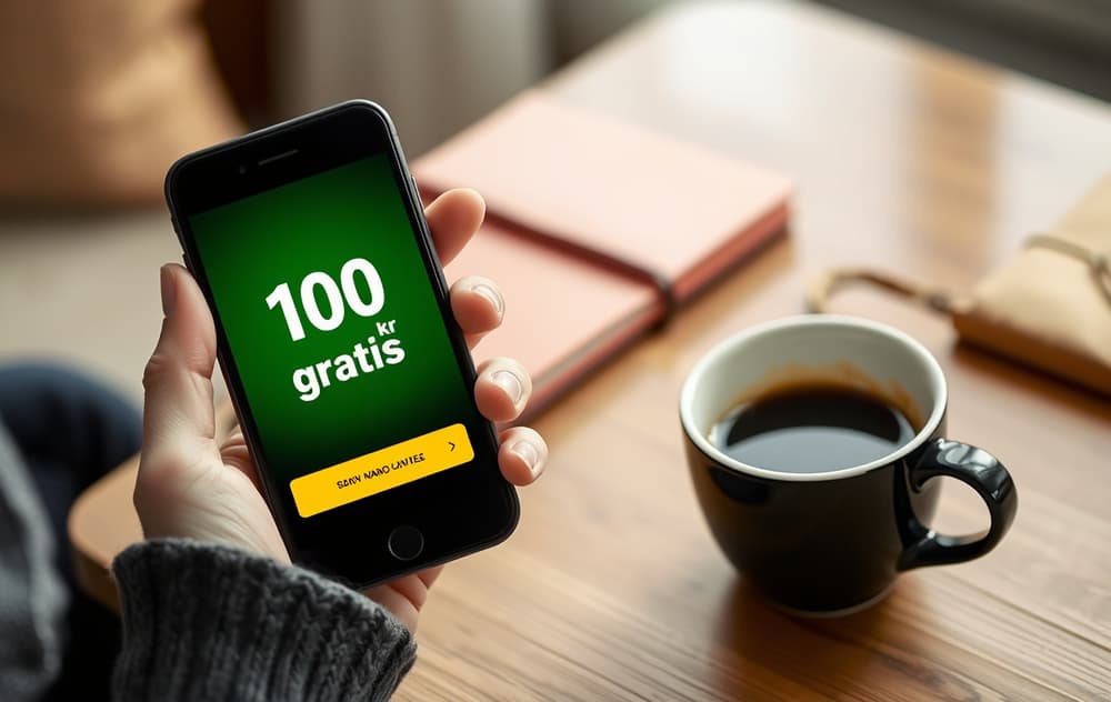 En person som holder en mobiltelefon med et casino-bonustilbud på 100 kr gratis, i en stue.