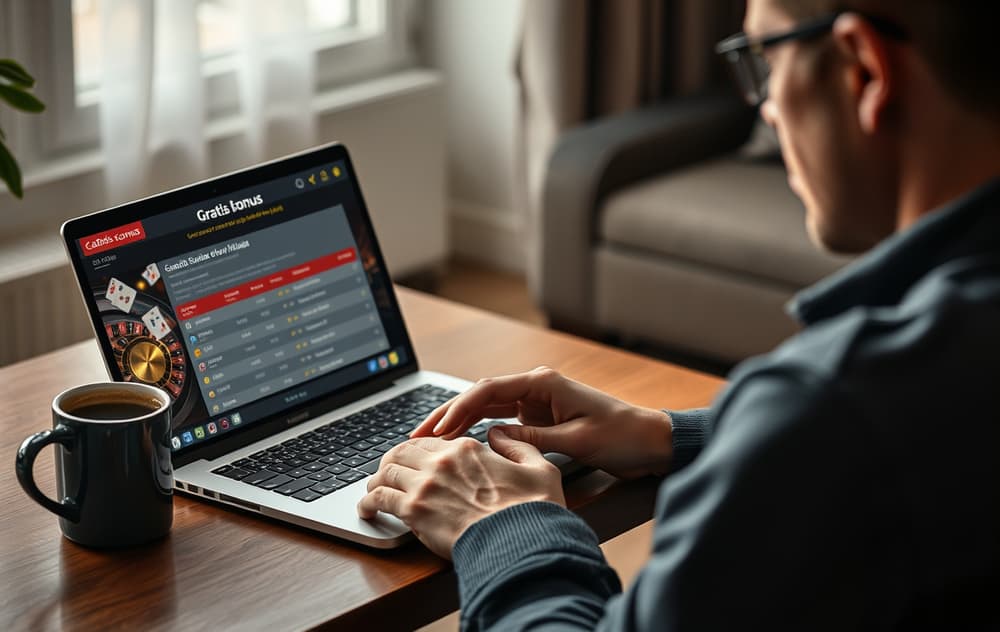 En person som analyserer vilkår for en casinobonus uten innskudd på en laptop, med kalkulator og kaffe.