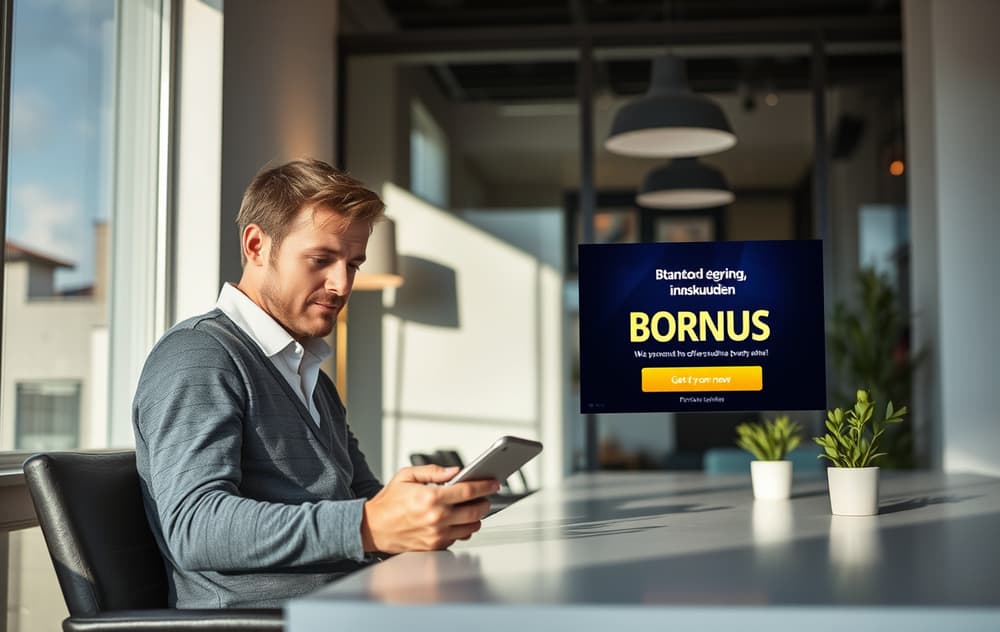Person som ser på mobil med innskuddsbonus på skjermen.