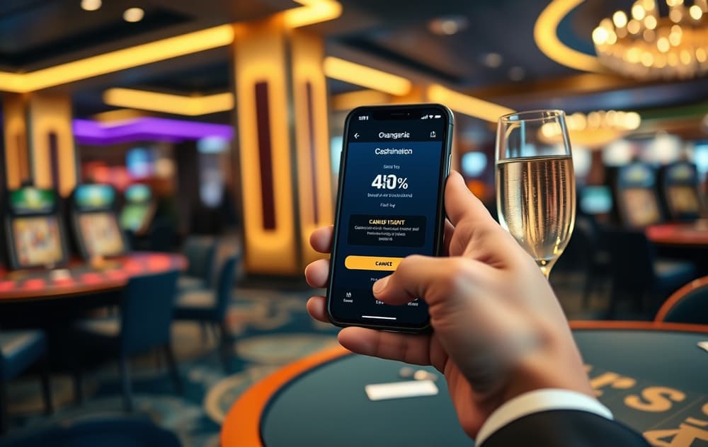 VIP-spiller med cashback-varsling på mobil i luksuriøst casino-miljø