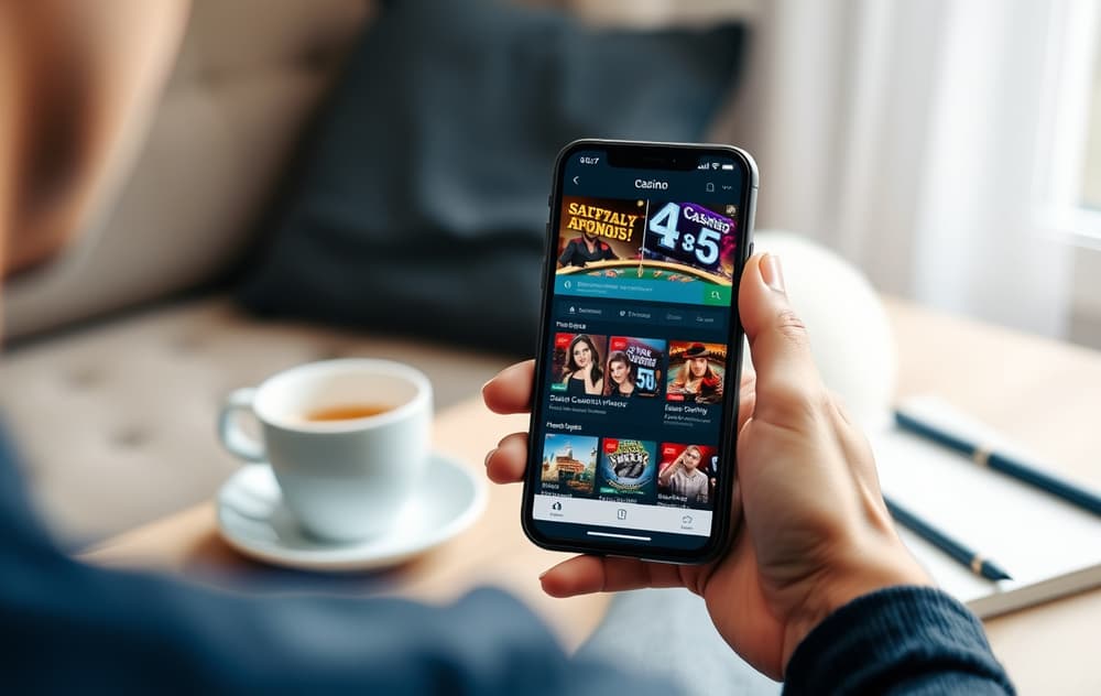 En person som holder en mobiltelefon med et casino-nettsted som viser lisensmerke nederst på skjermen.