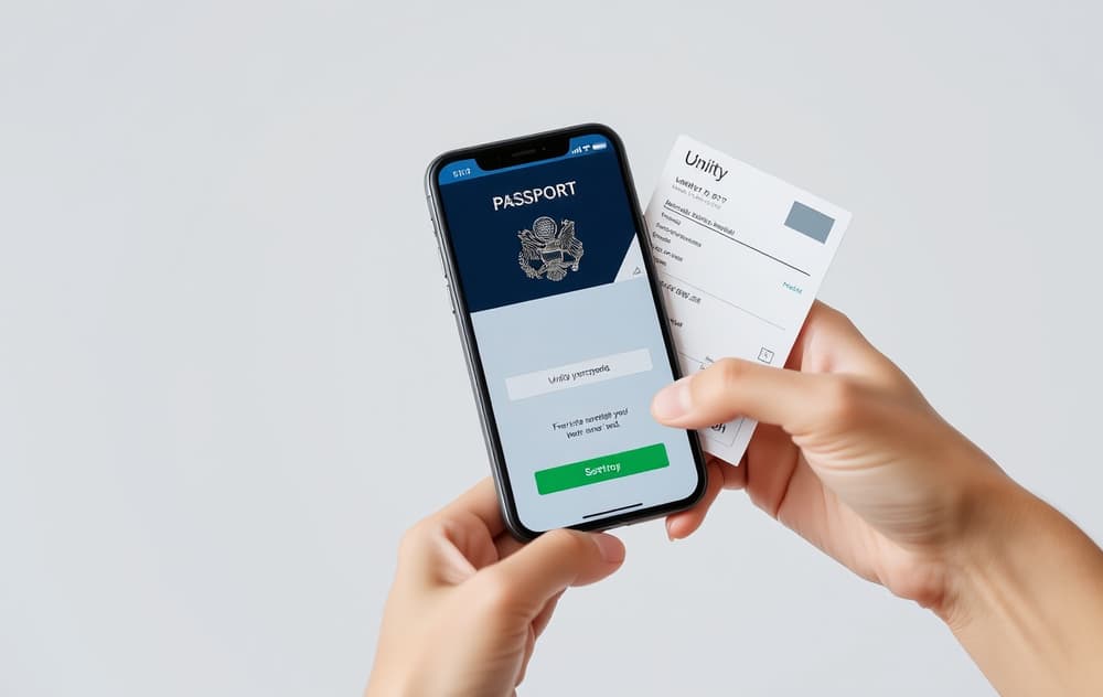 Person med smarttelefon som viser verifiseringsskjerm med pass og strømregning