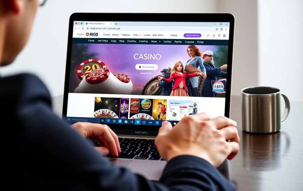 Person som sjekker lisensinformasjon og SSL-kryptering på et casino på laptop