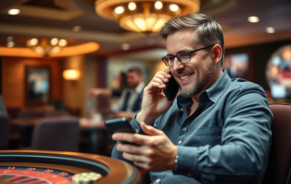 Spiller mottar bekreftelse på casino uttak via mobiltelefon, glad og avslappet i et moderne hjem.