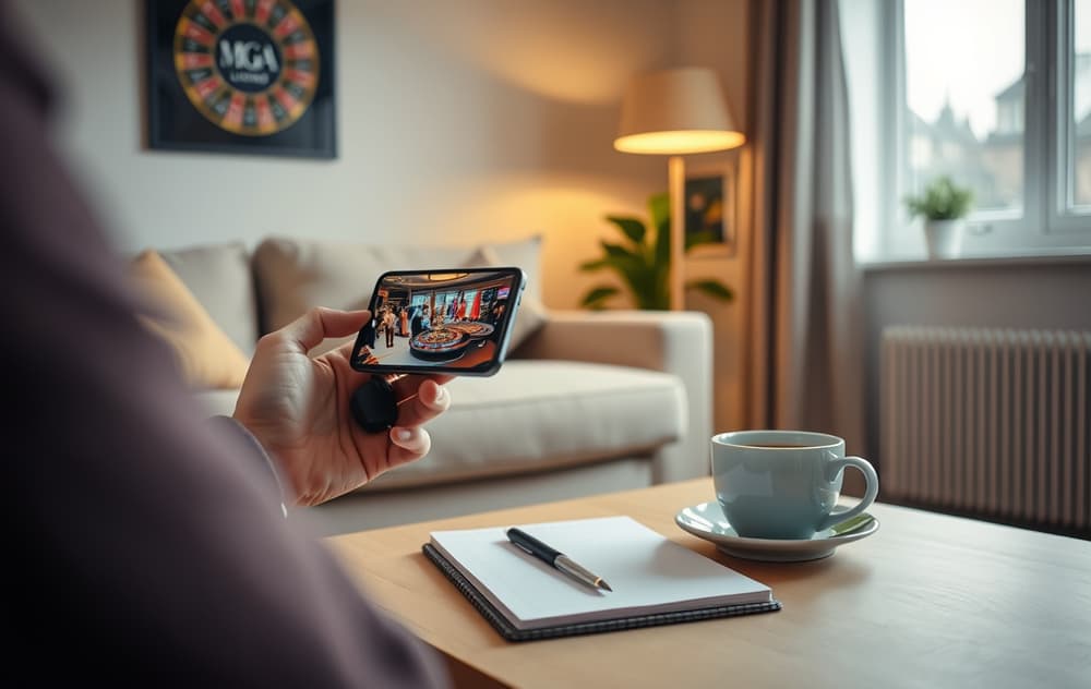 Person som sjekker casino på mobil i stuen, med kaffekopp og notatbok