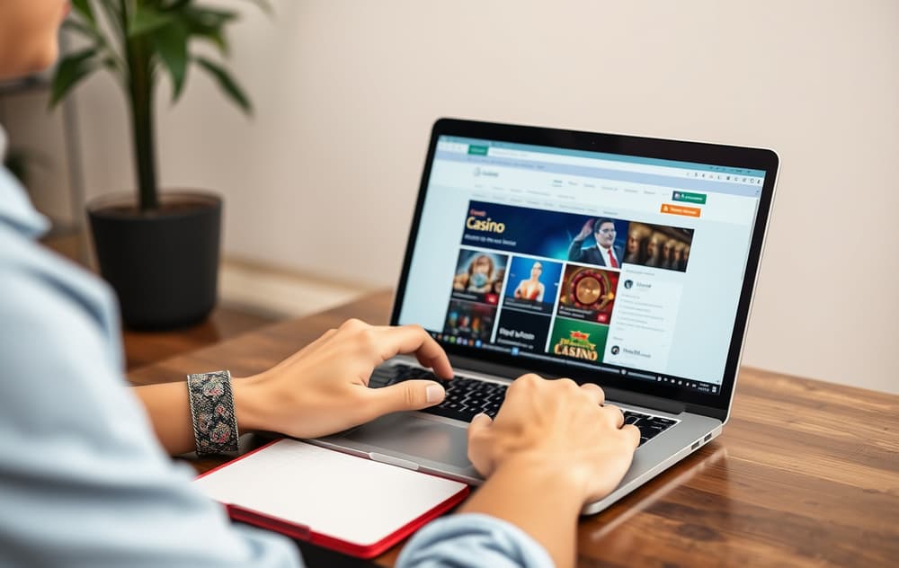 En person som sammenligner nettcasinoer på en bærbar PC, med notatblokk og kaffekopp.