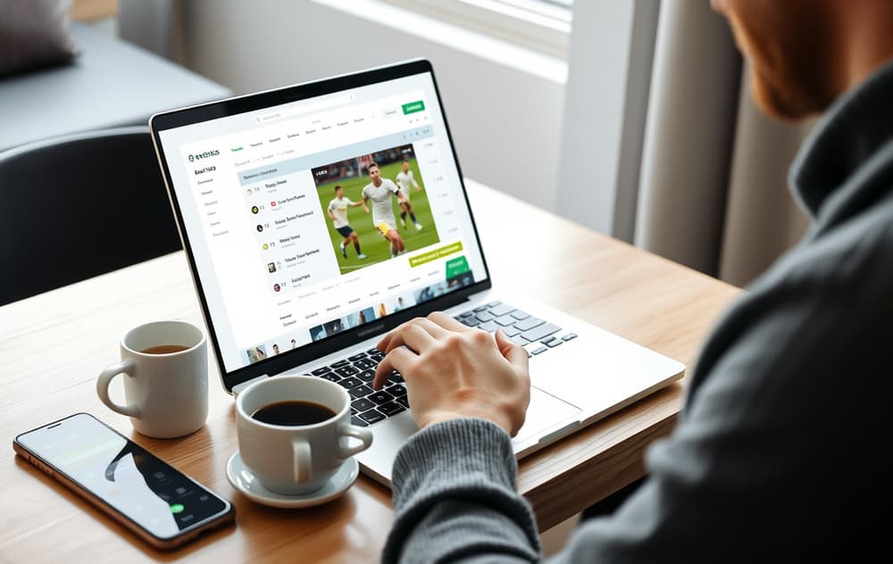 En person som sammenligner odds på en bettingside på laptop, med kaffekopp og mobil på bordet.