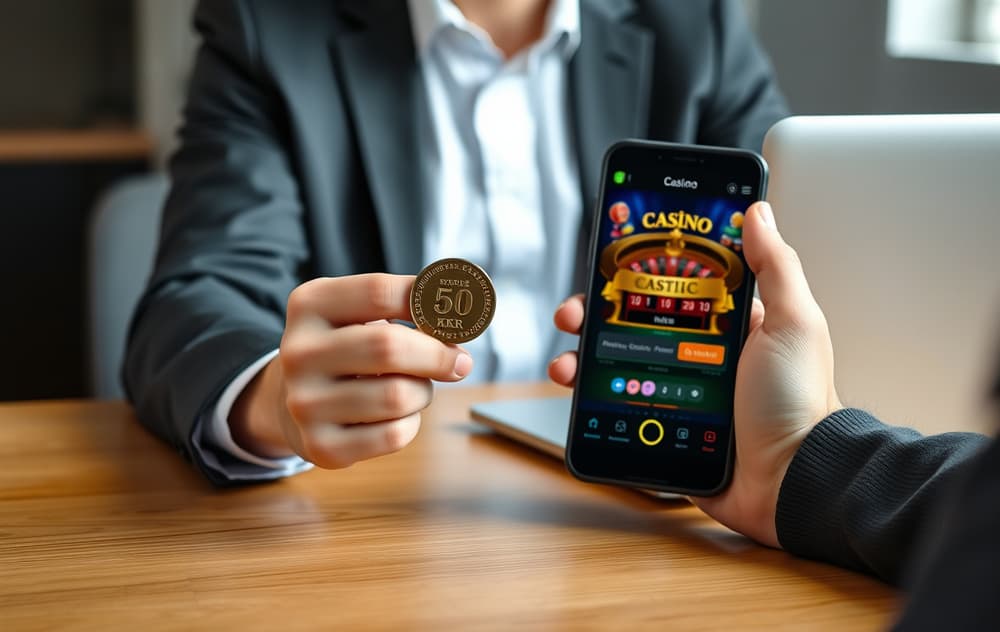 Person med 50-krone mynt og mobiltelefon med casinospill – illustrasjon av lavt innskudd.