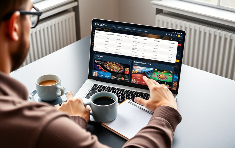 Person som sammenligner casinoer med lavt innskudd på en laptop med notatblokk ved siden av.