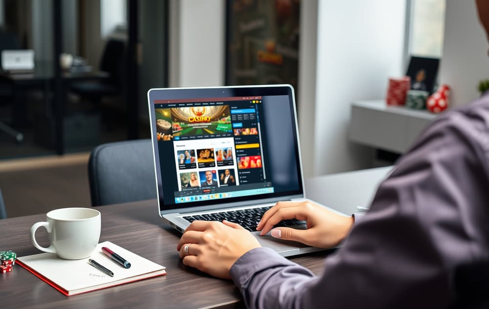 En person som sammenligner casinoer på en laptop med notater og forstørrelsesglass på pulten