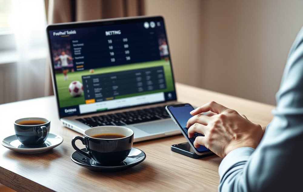 Bilde av en person som sammenligner fotball odds på laptop og mobil.