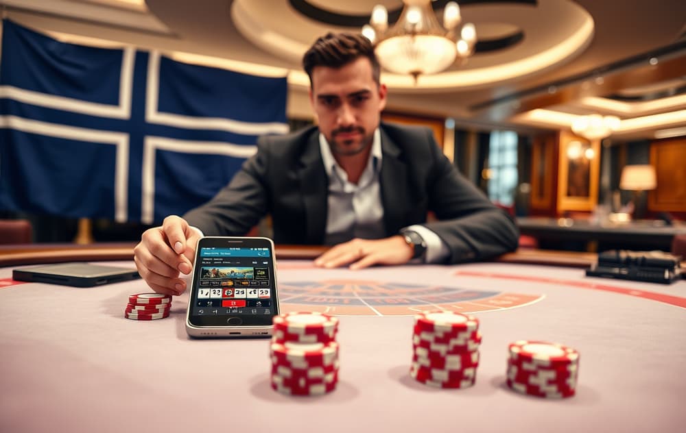 Highroller spiller blackjack ved et luksuriøst casino-bord med norsk flagg og mobiltelefon