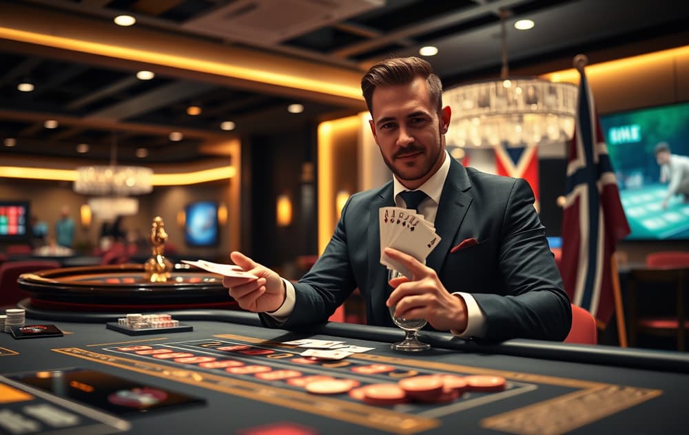 Live casino med ekte dealer ved bordet, roulettehjul og chips