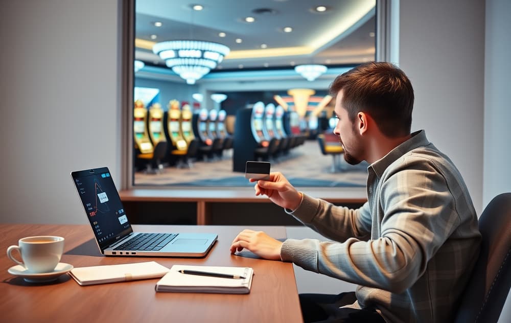 Person som sammenligner casinoer på laptop med kaffekopp og notatbok