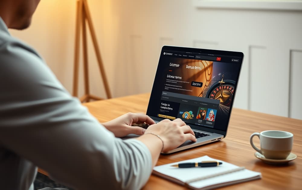 En person som sammenligner to casinoer på en bærbar PC, med kaffekopp og notatblokk på bordet.