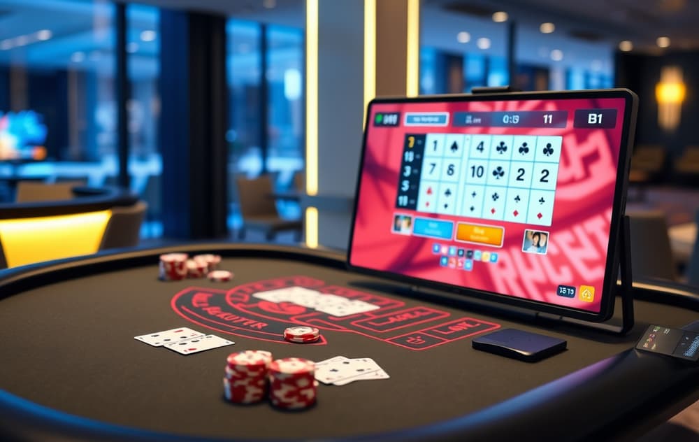 Baccarat-bord med kort og sjetonger i et moderne online casino.
