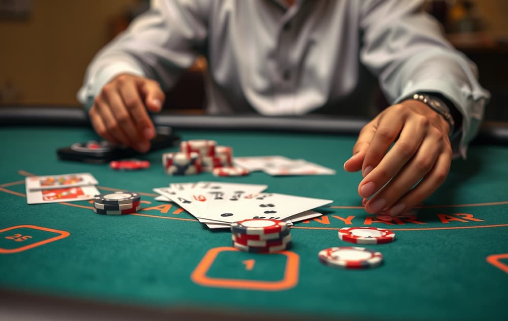 Blackjack-bord med kort og sjetonger, dealerens hånd synlig