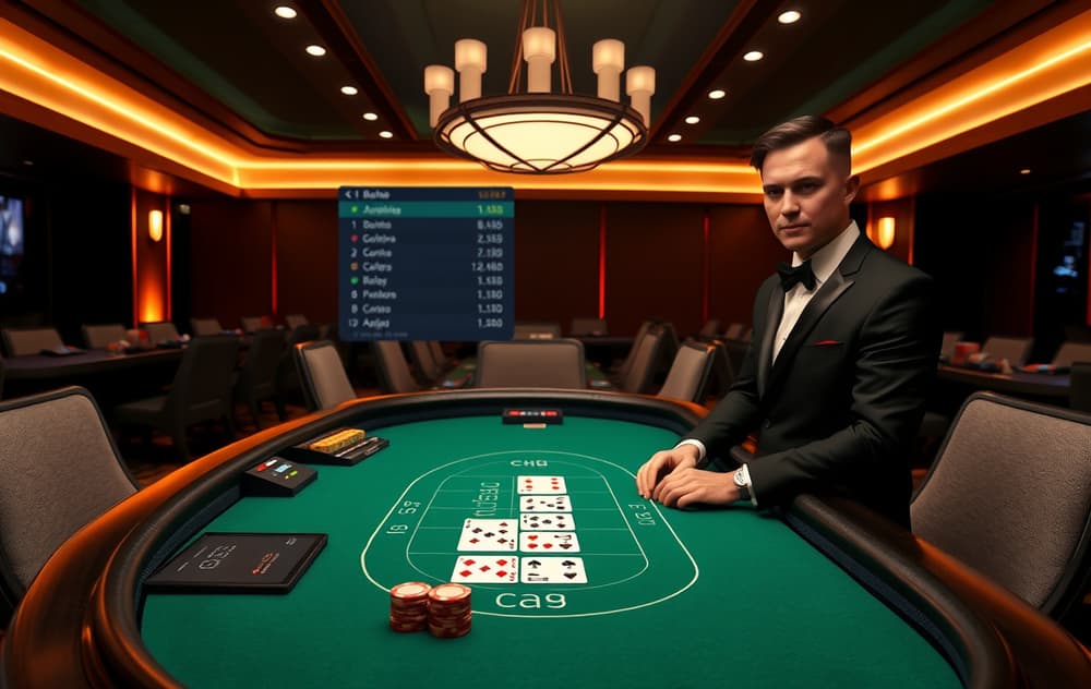 Live dealer blackjack bord på norsk nettcasino med dealer, kort og sjetonger.