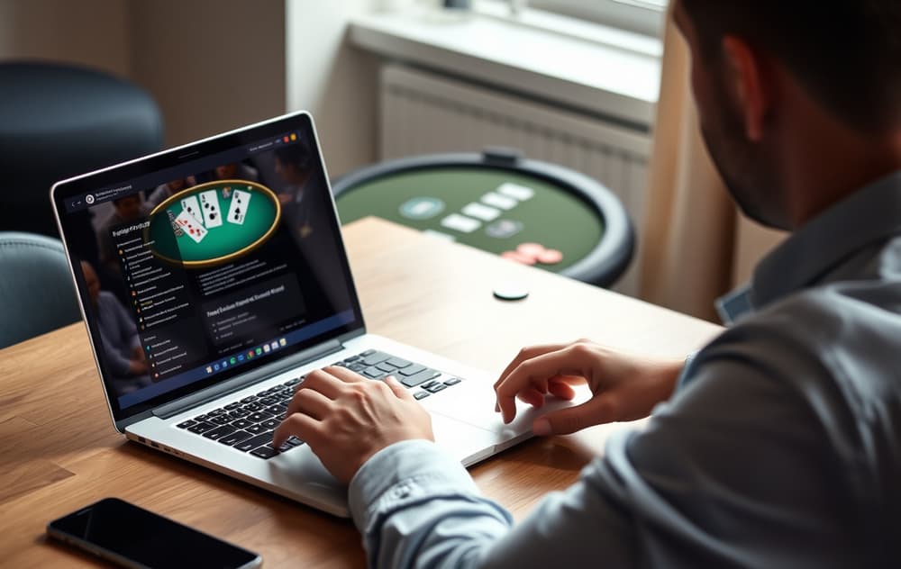 Person som spiller poker på nett på en bærbar PC med kaffekopp på bordet